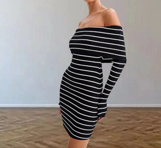 Damen Off-Shoulder Strickkleid mit langen Ärmeln und Streifenmuster EB