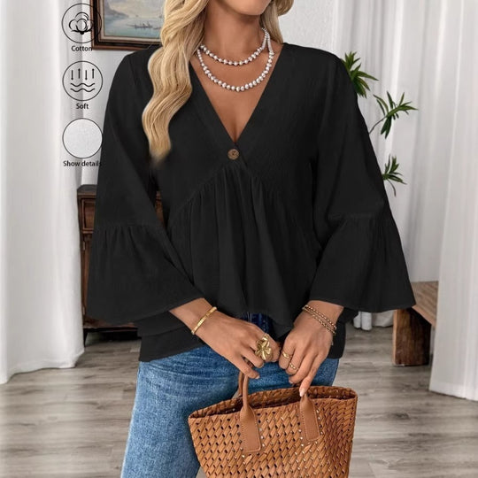Damen nan elegante Empire-Bluse mit V-Ausschnitt, geraffter Brustnaht und Glockenärmeln EB