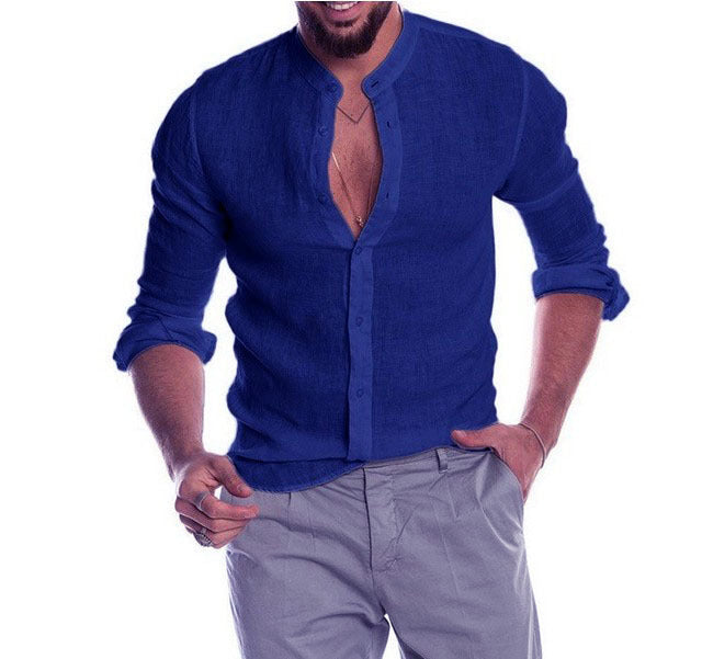 Herren nan Leinenhemd mit Stehkragen, durchgehender Knopfleiste und legerer Slim-Fit-Passform EB