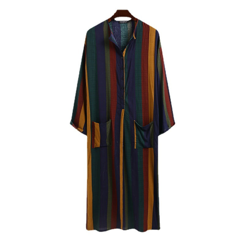 Damen nan lockeres Maxi-Leinenkleid mit durchgehender Knopfleiste Rundhalsausschnitt und aufgesetzten Taschen EB