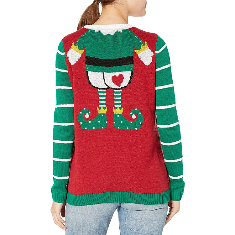 Damen Weihnachts-Pullover mit frechem Elf-Motiv und gestreiften Ärmeln EB