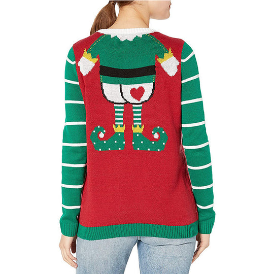 Damen Weihnachts-Pullover mit frechem Elf-Motiv und gestreiften Ärmeln EB