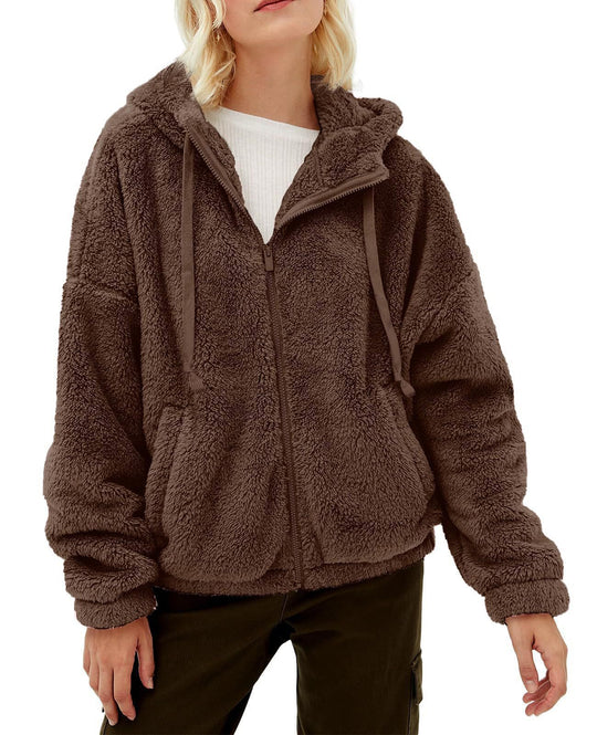 Damen lässige Fleecejacke mit Kängurutasche und Kapuze EB