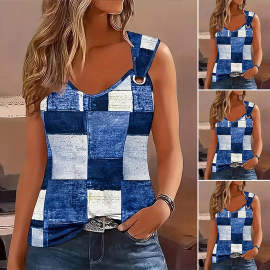 Damen ärmelloses Oberteil mit Patchwork-Design und dekorativem Knopf Heidi-Mode
