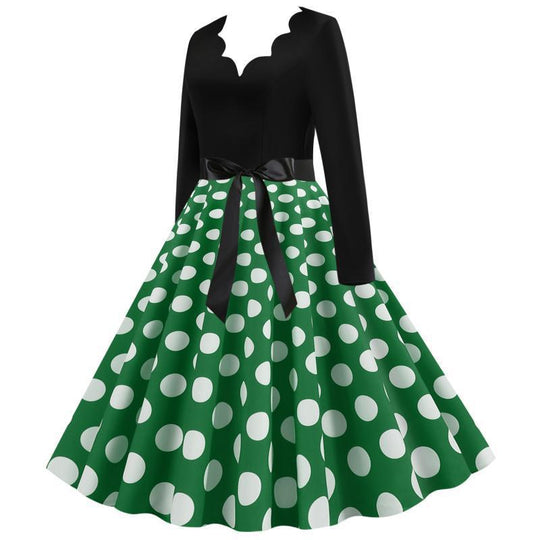 Damen Retro Swingkleid im Vintage-Stil mit welligem V-Ausschnitt, langärmliger Oberteil, Polka-Dot Tellerrock und Satin-Taillengürtel EB