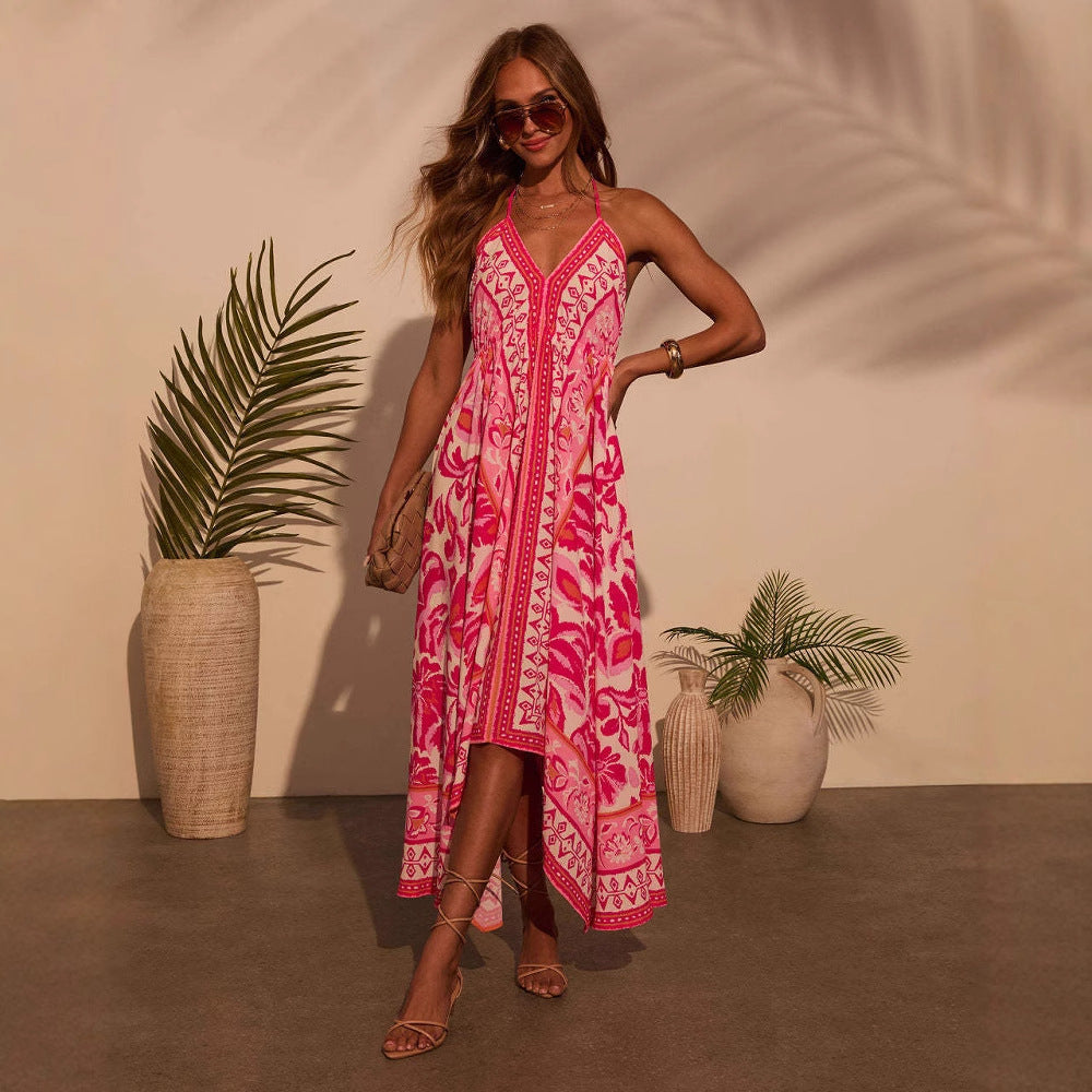 Damen Luftiges Maxikleid mit verspieltem Halterneck-Design und floralen Akzenten EB