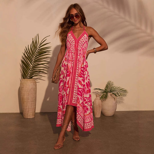 Damen Luftiges Maxikleid mit verspieltem Halterneck-Design und floralen Akzenten EB