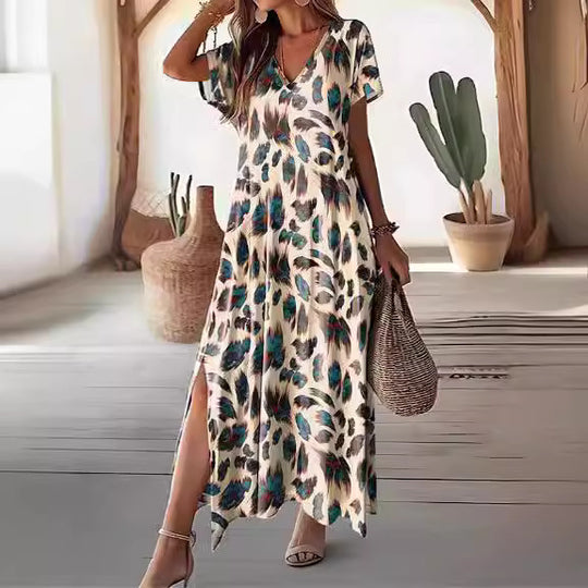 Damen Maxikleid mit V-Ausschnitt und modischem Tierdruck EB