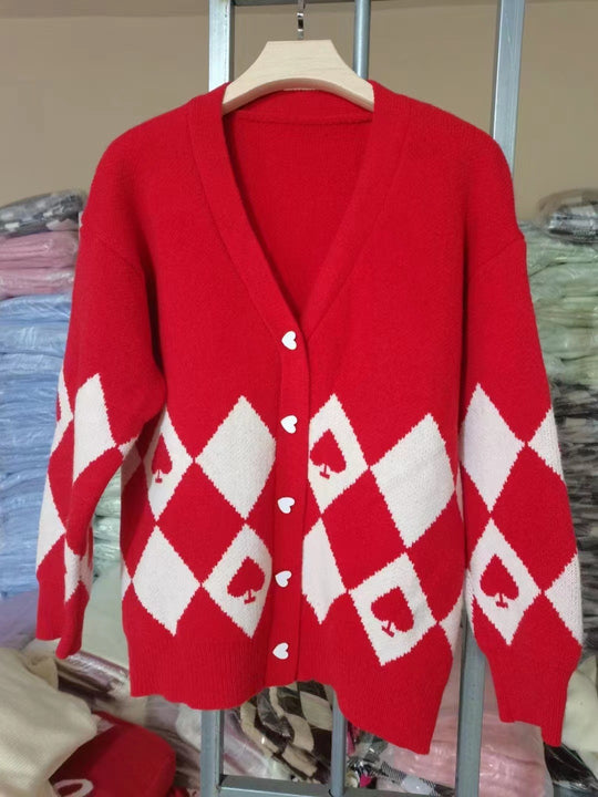 Damen Strickjacke mit Herzknöpfen und Rautenmuster EB