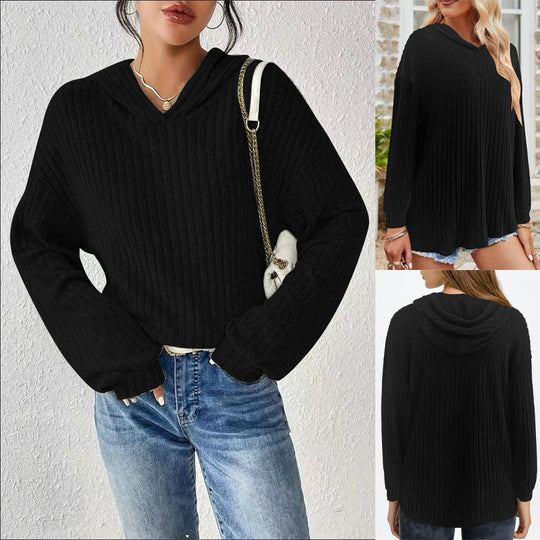 Damen lässiger Pullover mit strukturiertem Rippdesign und bequemem Kapuzenkragen EB