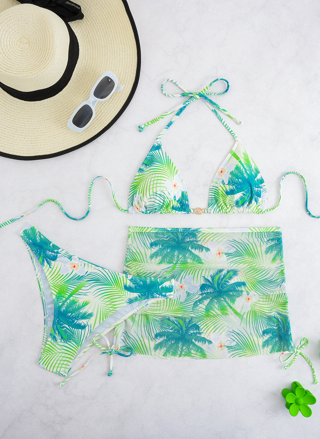 Damen Bikini-Set mit elegantem Wickelrock und tropischem Design EB
