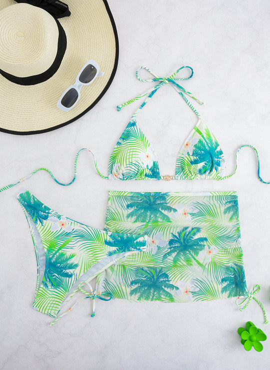 Damen Bikini-Set mit elegantem Wickelrock und tropischem Design EB