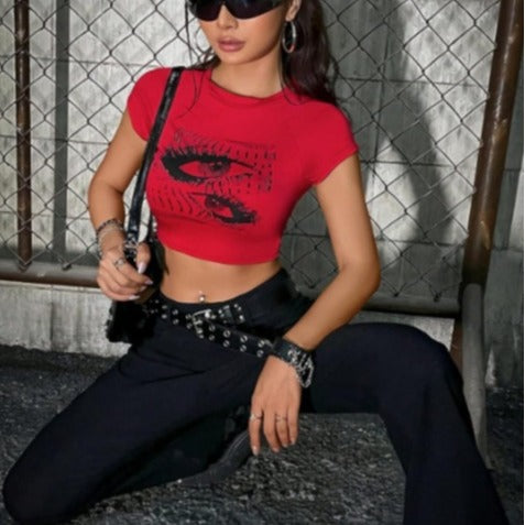 Damen Crop-Top mit kreativem Augenmotiv und figurbetonter Passform EB