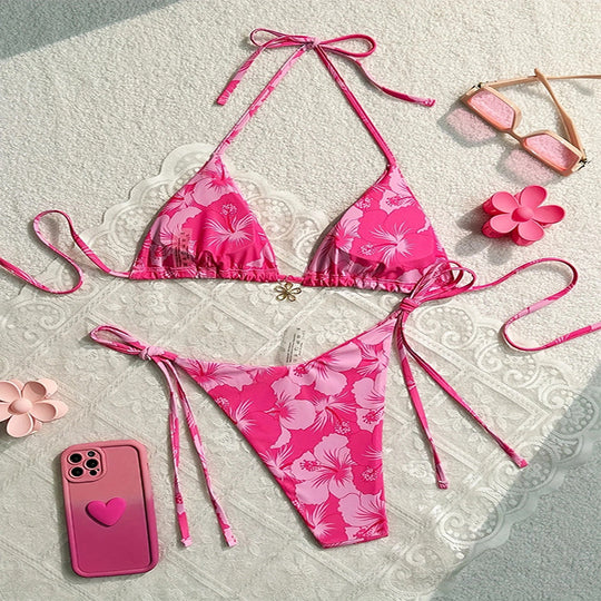 Damen Triangel-Bikini mit floralen Akzenten und verstellbaren Bindebändern EB
