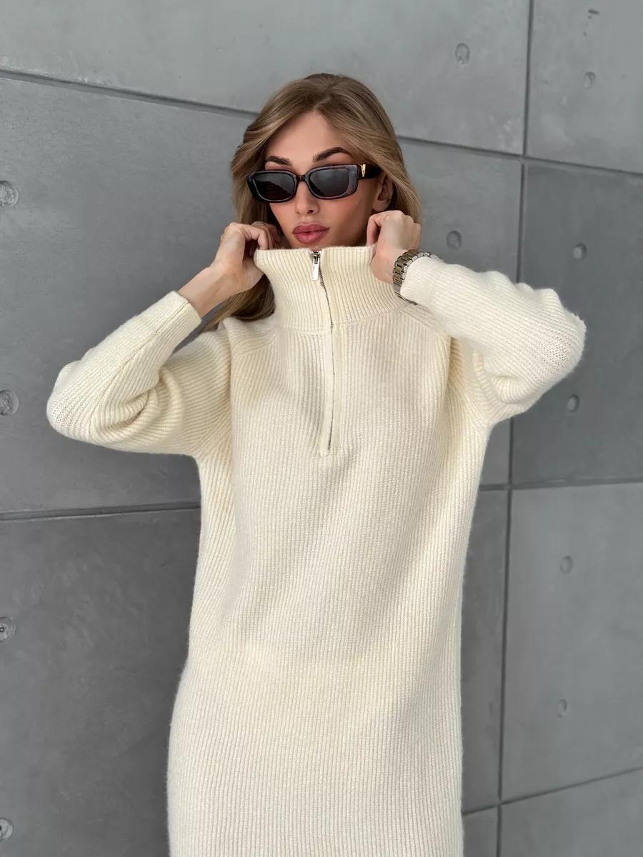 Damen Strickkleid mit Stehkragen und durchgehendem Reißverschluss EB