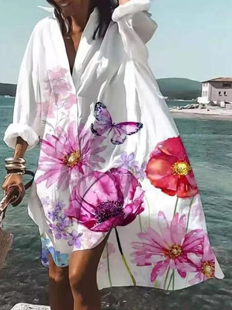 Damen nan luftiges Strandkleid Kaftan mit tropischem Blattprint und weitem Schnitt EB