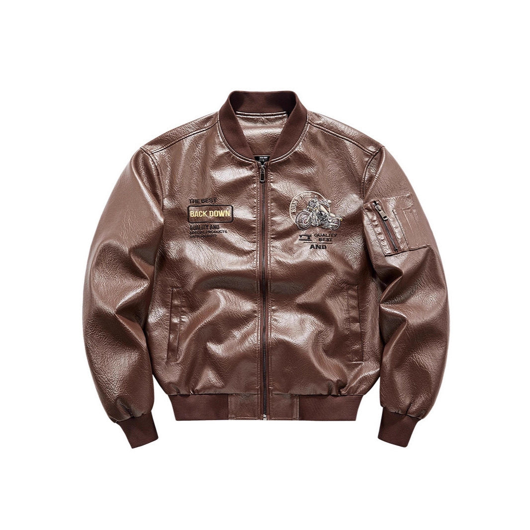 Herren Biker Lederimitat Bomberjacke mit Stickpatches und Ärmeltasche EB