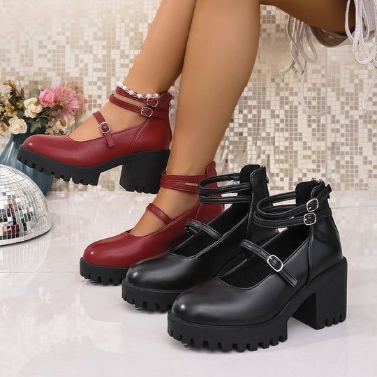 Damen Blockabsatz-Schnürschuhe mit modischem Riemendesign und rutschfester Sohle EB