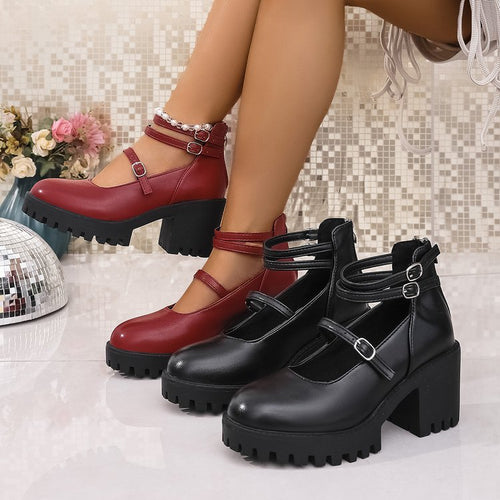 Damen Blockabsatz-Schnürschuhe mit modischem Riemendesign und rutschfester Sohle EB