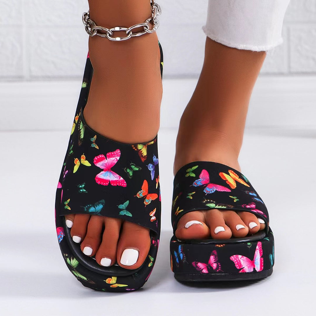 Damen Plateau-Pantoletten mit buntem Schmetterling-Print EB