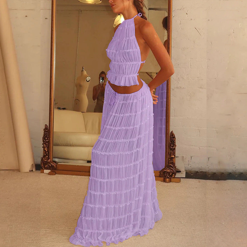 Damen luftiges Maxi-Kleid mit zarten Rüschendetails und verstellbarem Oberteil EB
