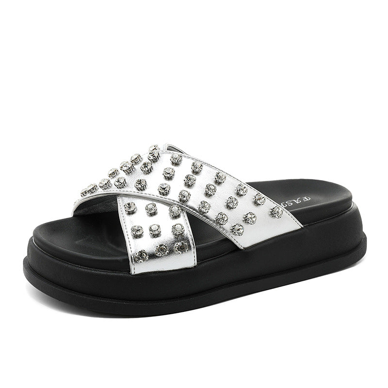 Damen Glitzernde Schlappen mit modischem Riemendesign und rutschfester Sohle EB
