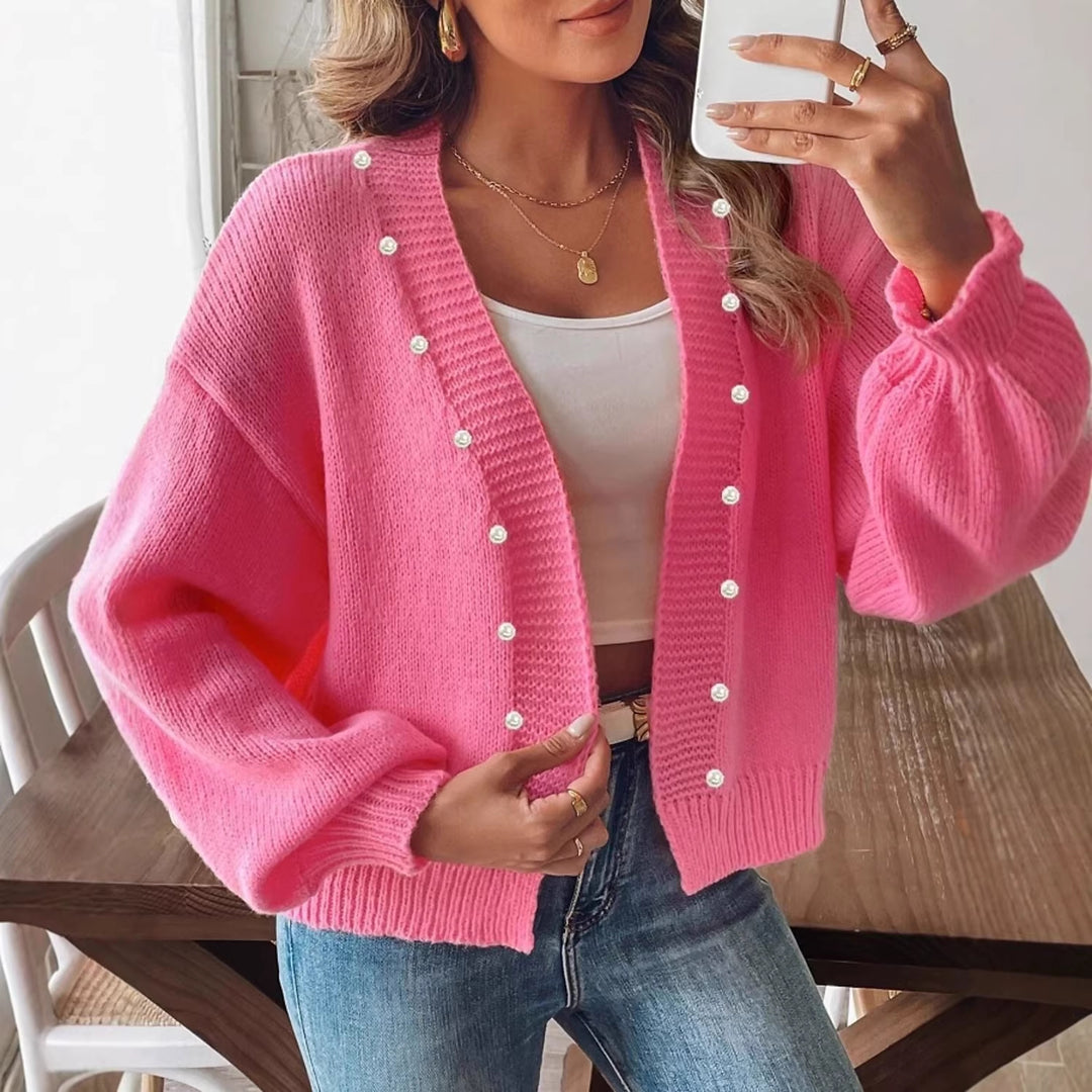 Damen nan Strickcardigan mit Perlenknöpfen und Balloon-Ärmeln EB
