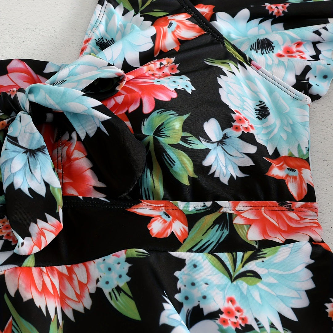 Damen Einteiler Badeanzug mit Rüschendetails und floralem Design EB