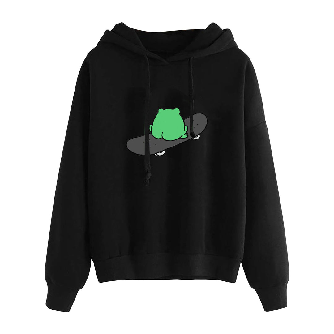 Damen nan kurz geschnittener Cropped-Kapuzenpullover mit niedlicher Frosch-Illustration und verstellbarer Kapuze EB