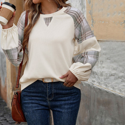 Damen Modischer Sweatpullover mit Karomuster und Rippstruktur EB