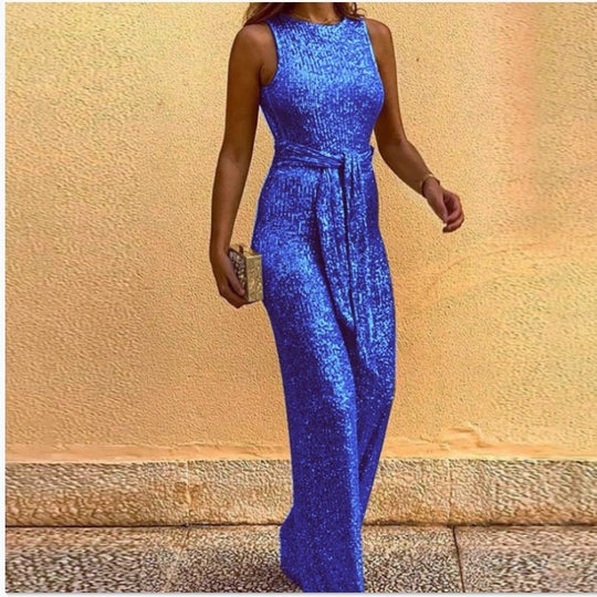 Damen Glamouröses Maxikleid mit glänzendem Paillettenbesatz und eleganter Taillenbindung EB