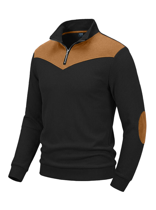 Herren Strickpullover mit Troyerkragen, Rippenstruktur und Ellbogen-Patches EB