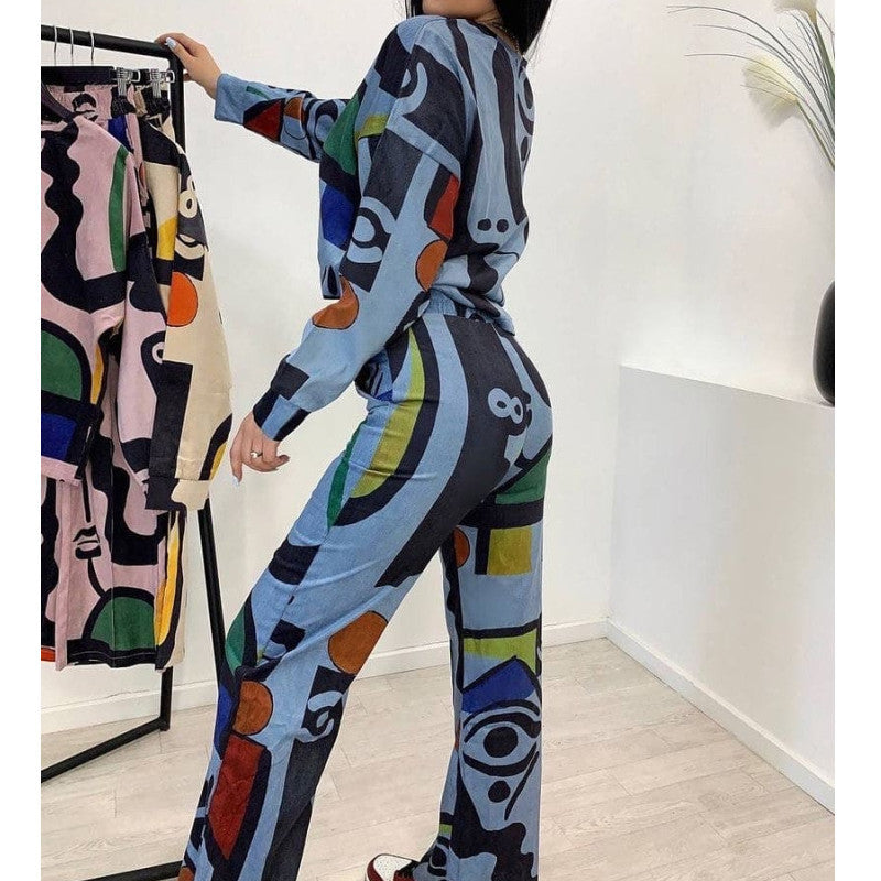 Damen Lässiges Shirt- und Hosen-Set mit buntem grafischen Muster EB
