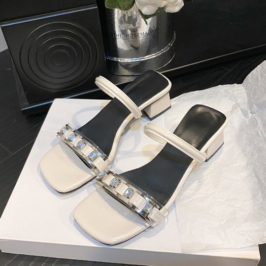 Damen elegante Mules mit gekreuzten Riemen und Blockabsatz EB