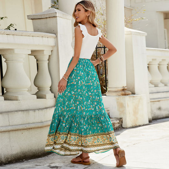 Damen Long Skirt mit Volants und buntem Muster EB