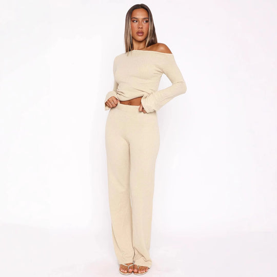 Damen Zweiteiliges Strick-Loungewear-Set mit Carmen‑Ausschnitt und weitem High‑Waist‑Hosenbein EB