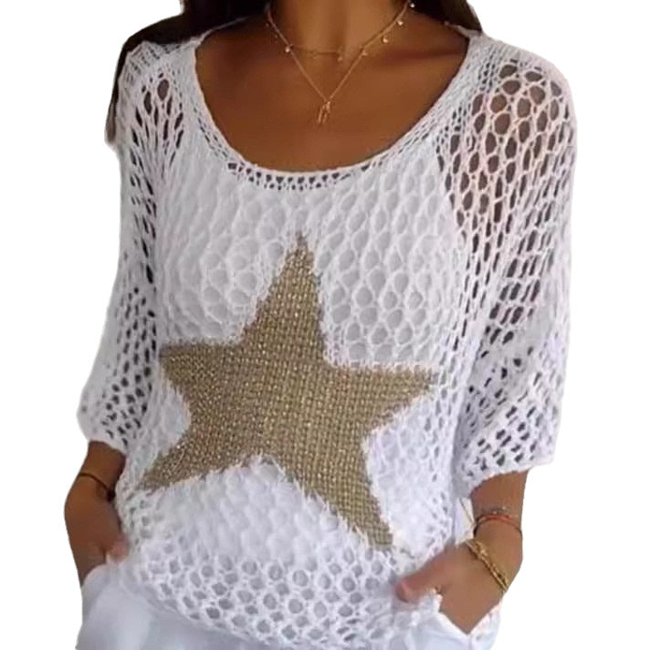 Damen nan oversized gehäkelter Pullover mit Sternapplikation und 3/4-Ärmeln EB