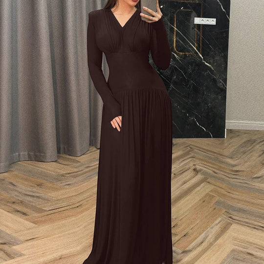 Damen Elegantes Maxikleid mit tiefem V-Ausschnitt und fließendem Schnitt EB