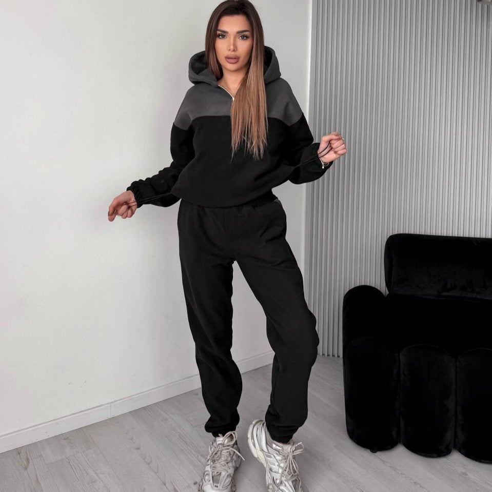 Damen Zweiteiliges Farbblock-Loungewear-Set mit halbem Reißverschluss und schmaler Jogginghose EB