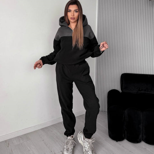 Damen Zweiteiliges Farbblock-Loungewear-Set mit halbem Reißverschluss und schmaler Jogginghose EB