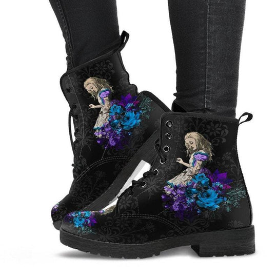 Damen nan modische knöchelhohe Schnür-Bikerboots mit auffälligem Totenkopf-Rosen-Print und robuster Profilsohle EB
