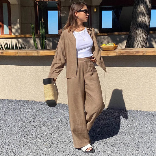 Damen nan entspanntes Leinen Lounge Set mit Oversize Hemd und Kordelbund Palazzohose EB