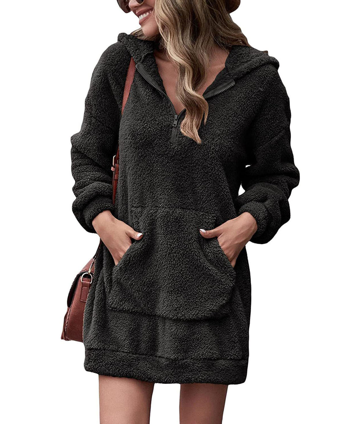 Damen Fleece-Kapuzenkleid mit Taschen und Reißverschluss EB