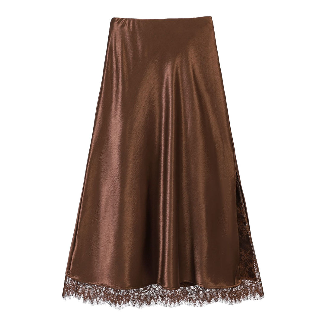 Damen  ausgestellter Satin-Midirock mit feiner Spitzenunterlage und nahtlosem Taillenbund EB