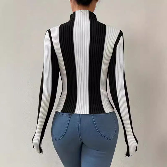 Damen Langarmshirt mit strukturiertem Rippmuster und hohem Kragen EB