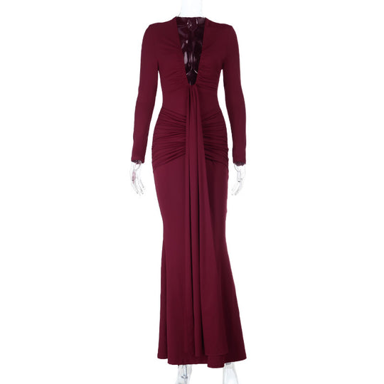 Damen langes Wickelkleid mit raffinierten Drapierungen und elegantem V-Ausschnitt EB