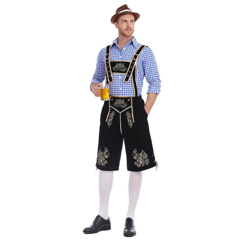 Herren nan Filzoptik-Lederhose knielang mit barocker Stickerei, verstellbaren Trägern und Dekornieten EB