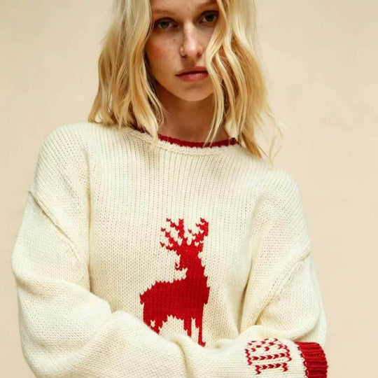 Damen Oversize Strickpullover mit Hirschintarsie, Rundhalsausschnitt und Norwegerbündchen EB