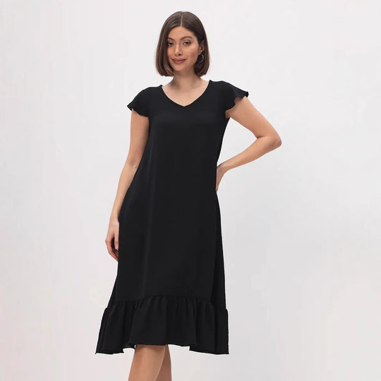 Damen Midi-Kleid mit modischem V-Ausschnitt und Rüschensaum EB