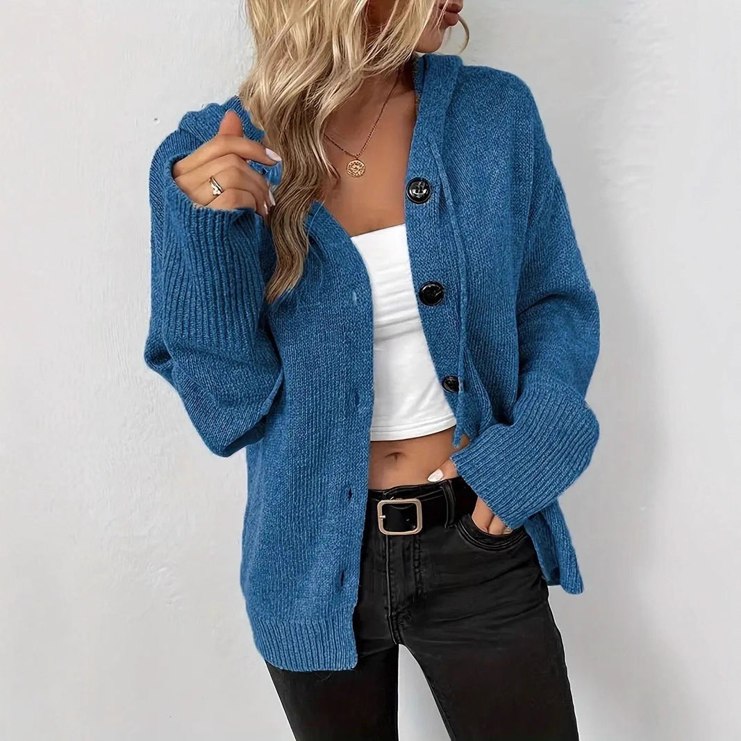 Damen Strickjacke mit Kapuze und Knopfverschluss EB